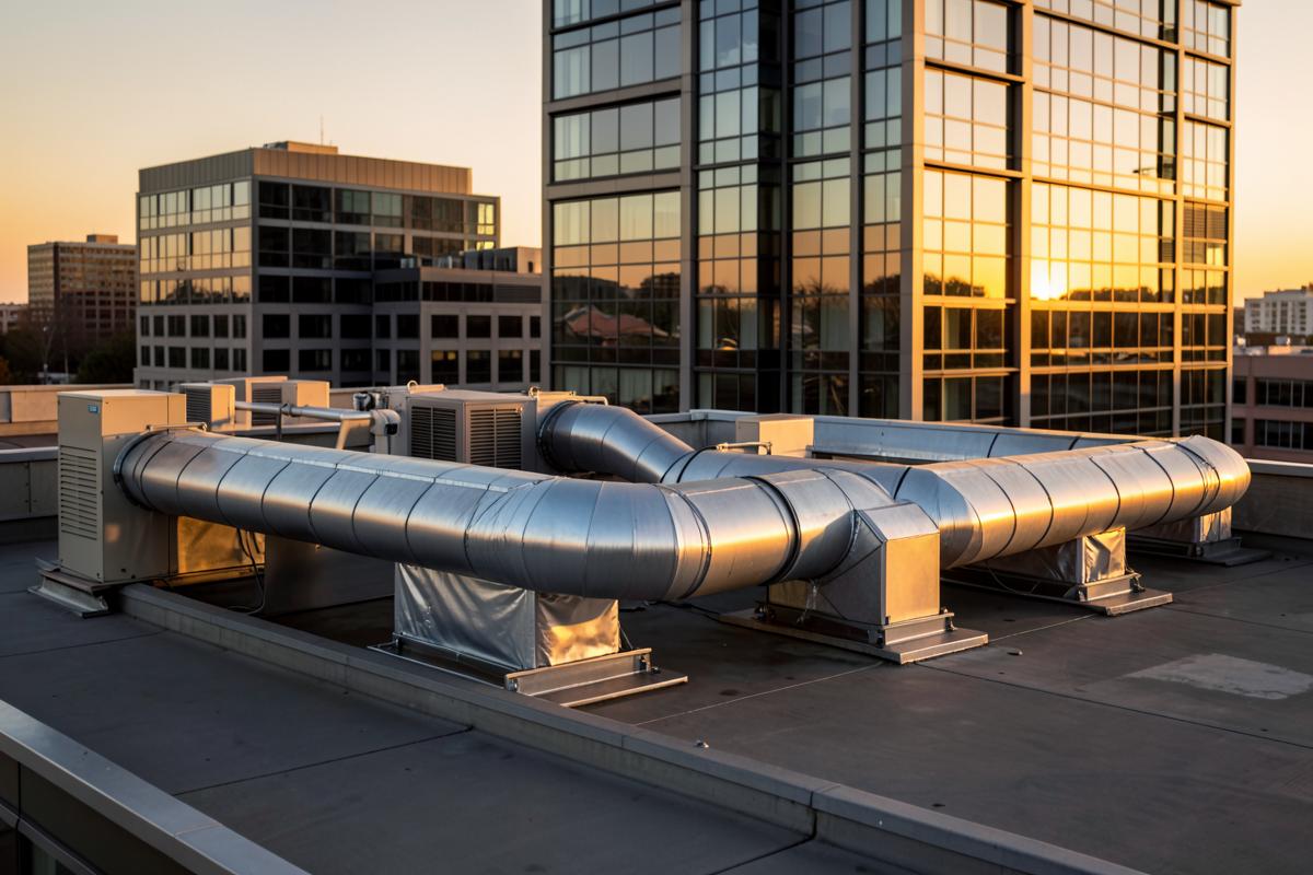 Rooftop commercial HVAC ductwork on a Richmond area office building at sunset