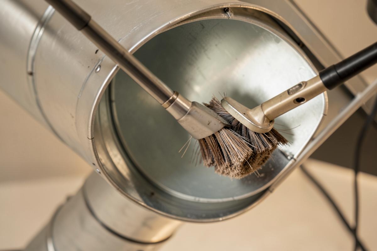 Rotary brush and vacuum hose cleaning the inside of a metal supply duct