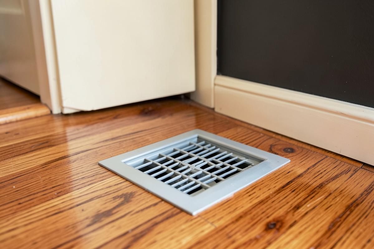 Floor register vent cover set in oak hardwood flooring in a Richmond home